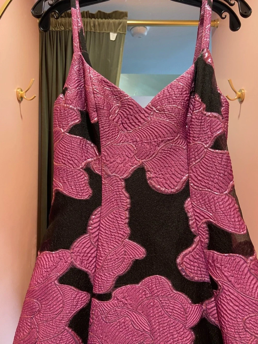 Monique Lhuillier Pink and Black Floral Jacquard Spaghetti-Strap Gown - Picture 3 of 5